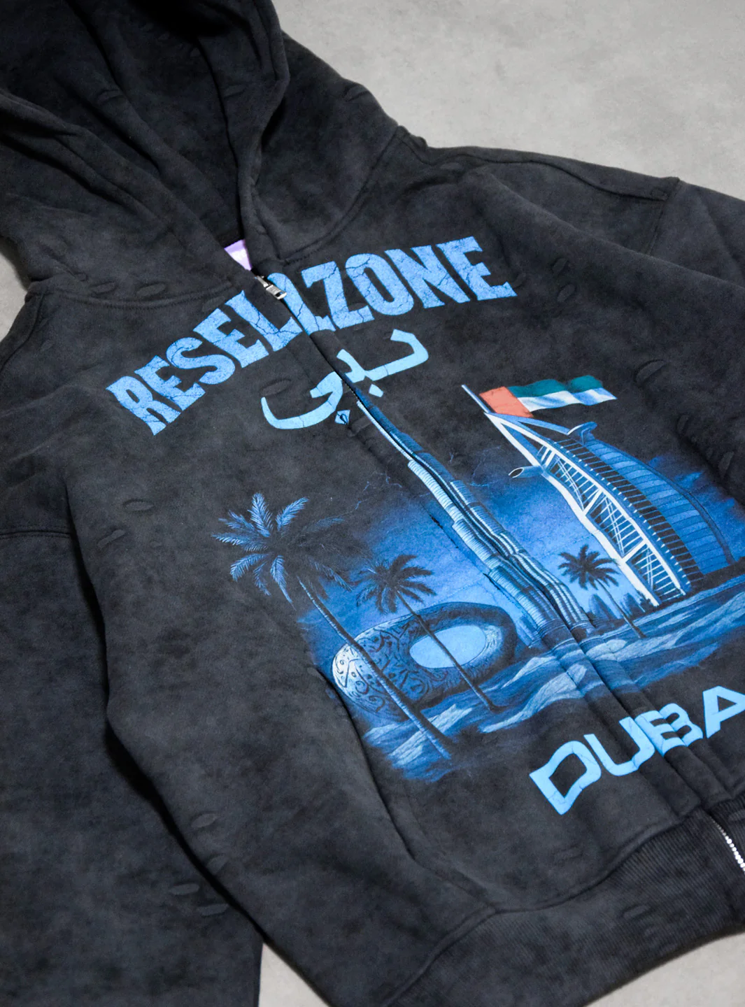 ResellZone Dubai Zip Up Hooded Sweatshirt Washed Black - Image 4