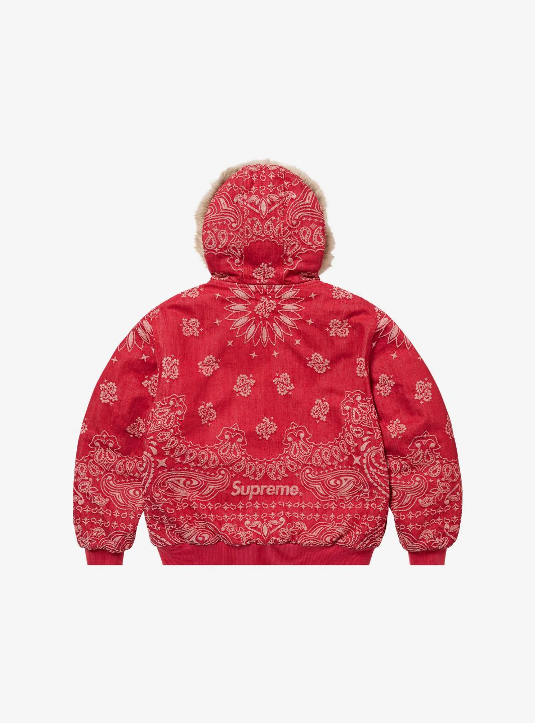 Supreme Bandana Jacquard Denim Hooded Work Jacket Red - Image 3