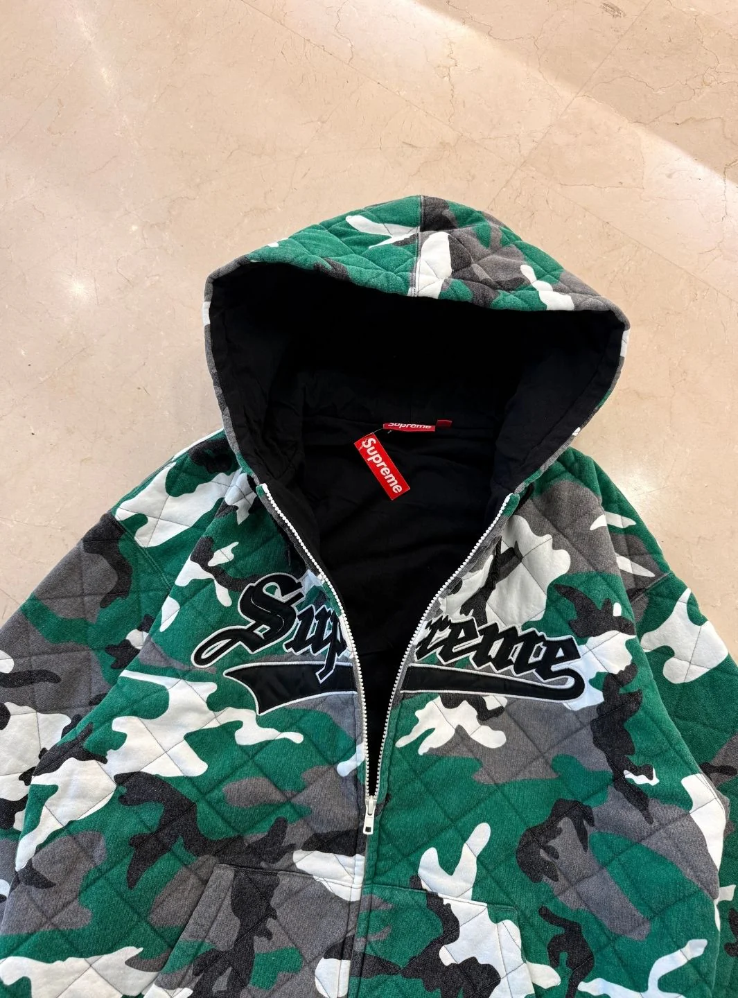 Supreme Quilted Zip Up Hooded Sweatshirt Green Camo - Image 5