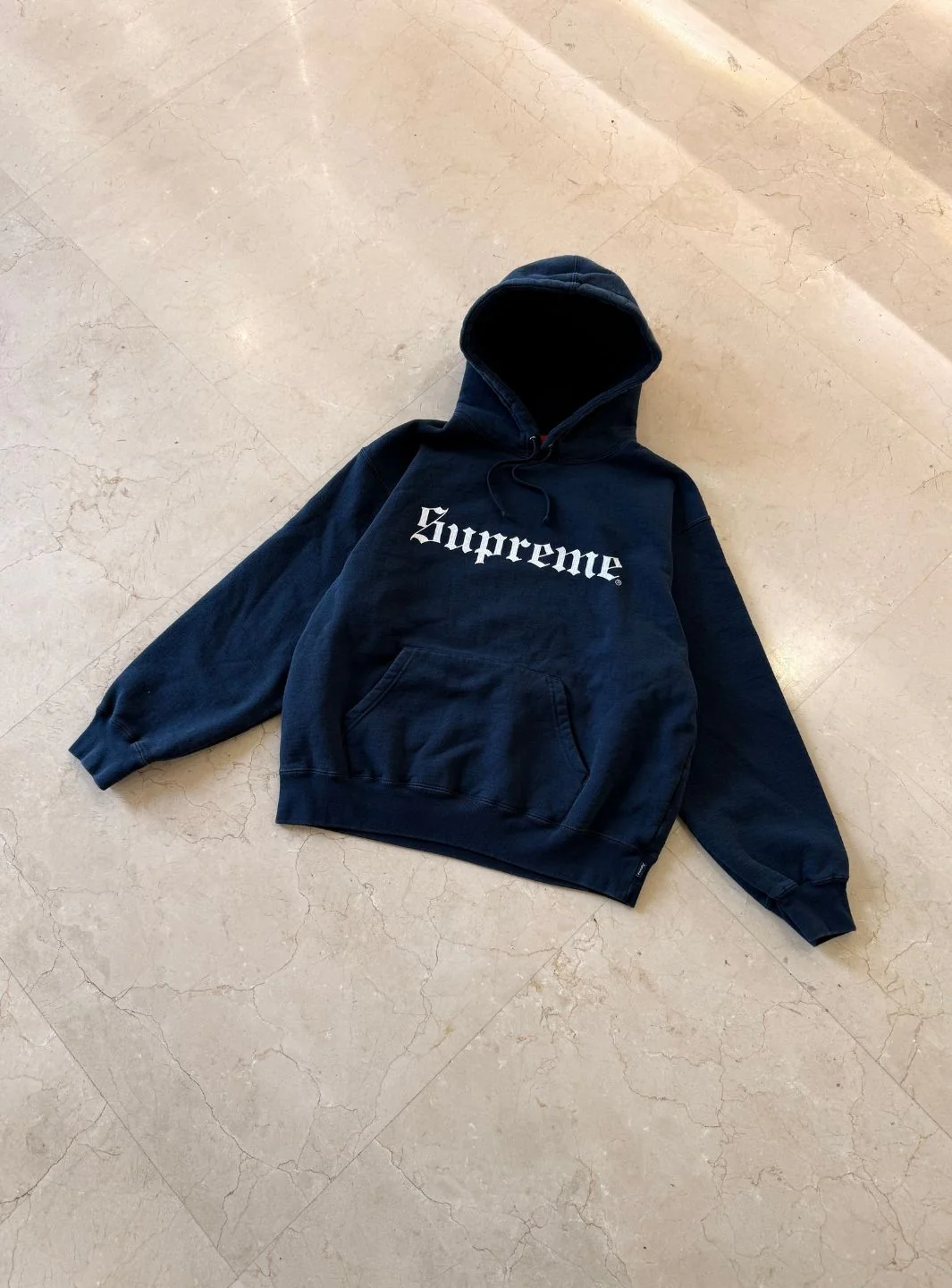 Supreme Washed Old English Hooded Sweatshirt Navy - Image 3