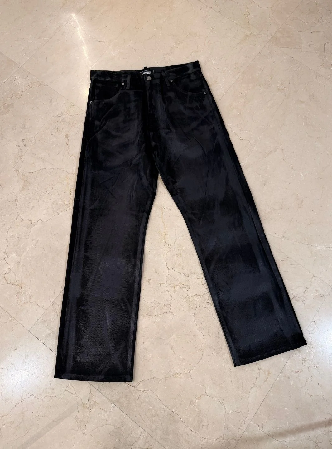 Trap Denim Print Waxed Baggy Jeans Black - Image 3