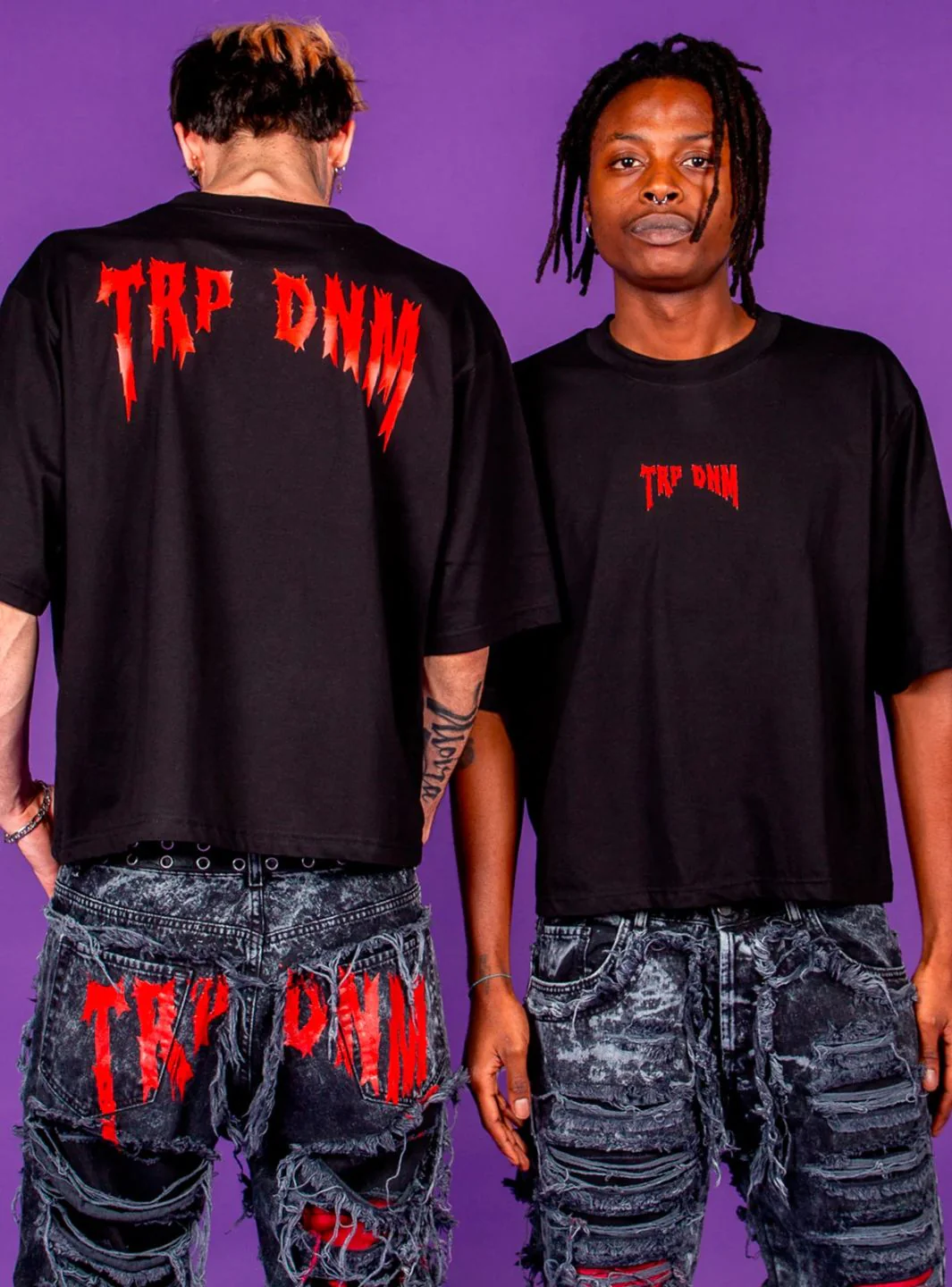 Trap Denim Red Punk Print Boxy Fit Cotton T-Shirt - Image 3